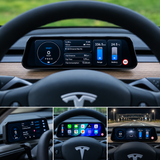 S3XY Dash i Tesla Model 3/Y med forskellige skærmvisninger, bl.a. Apple CarPlay