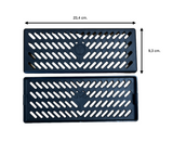 Målskitse af de to sorte ventilations-covers med dimensioner 23,4 cm og 9,3 cm på hvid baggrund