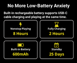 Infografik 'No More Low-Battery Anxiety' om controllerens batteri: 8 timers spilletid, 2 timers fuld opladning, 600 mAh batteri og 25 dages standby