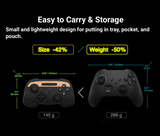 Infografik 'Easy to Carry & Storage' der sammenligner den kompakte controller på 145 g med en standard-controller på 288 g, med 42% mindre størrelse og 50% lavere vægt