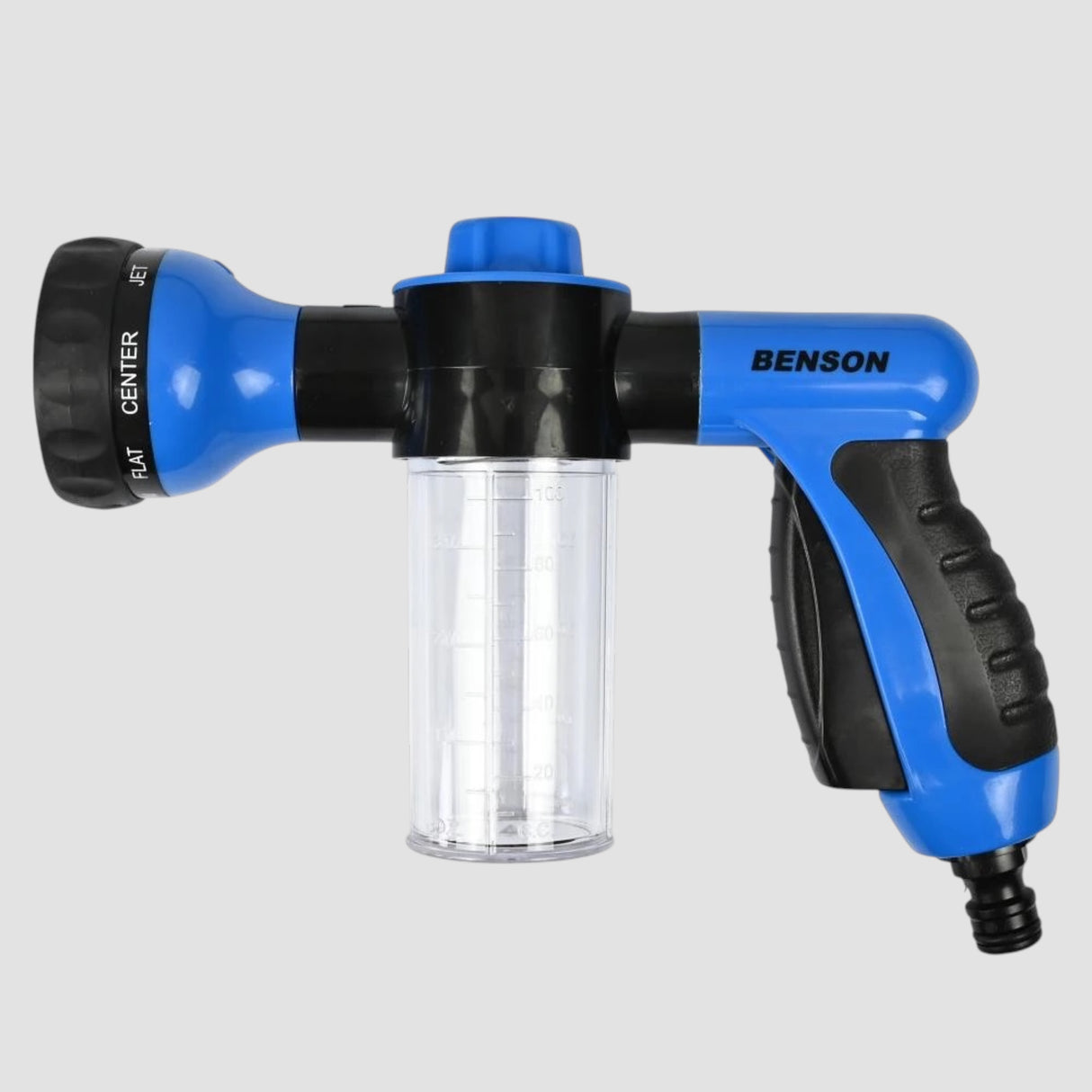 Blå og sort Benson skumsprayer med gennemsigtig beholder, produktbillede på hvid baggrund