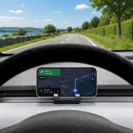 Telefonholder med magnet monteret på instrumentbræt i Tesla, viser navigation