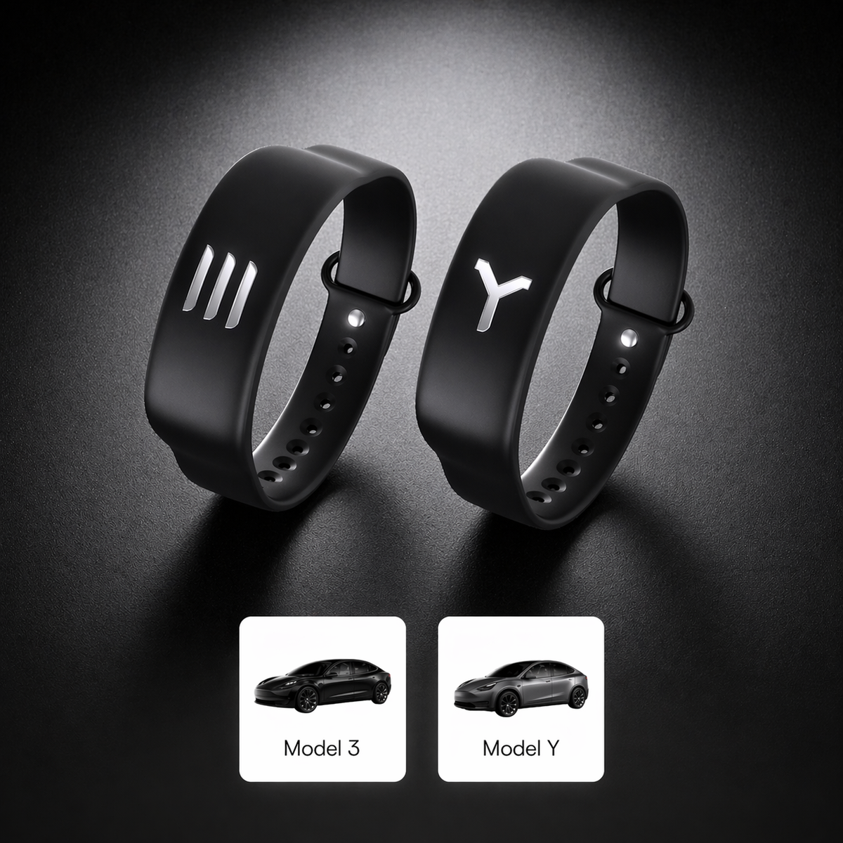 To sorte Tesla armbånd hvor der står 3 og Y på