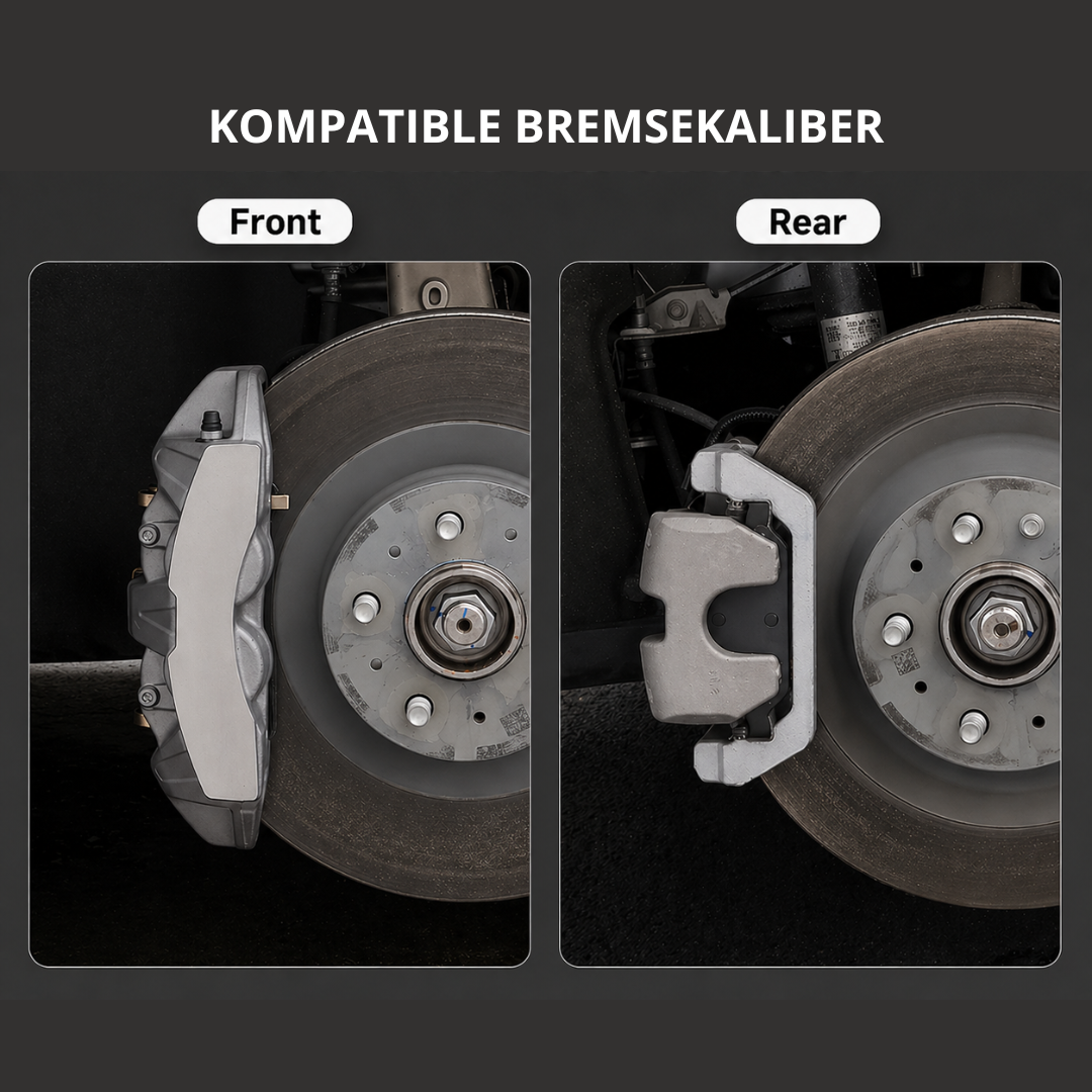 Infografik med teksten Kompatible bremsekaliber der viser for- og bagbremsen med bremseskiver på en Tesla