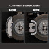 Infografik med teksten Kompatible bremsekaliber der viser for- og bagbremsen med bremseskiver på en Tesla