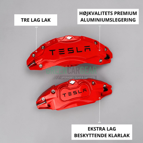 Infografik med røde bremsekalibercovers med TESLA-tekst og fremhævede egenskaber som tre lag lak og premium aluminiumslegering