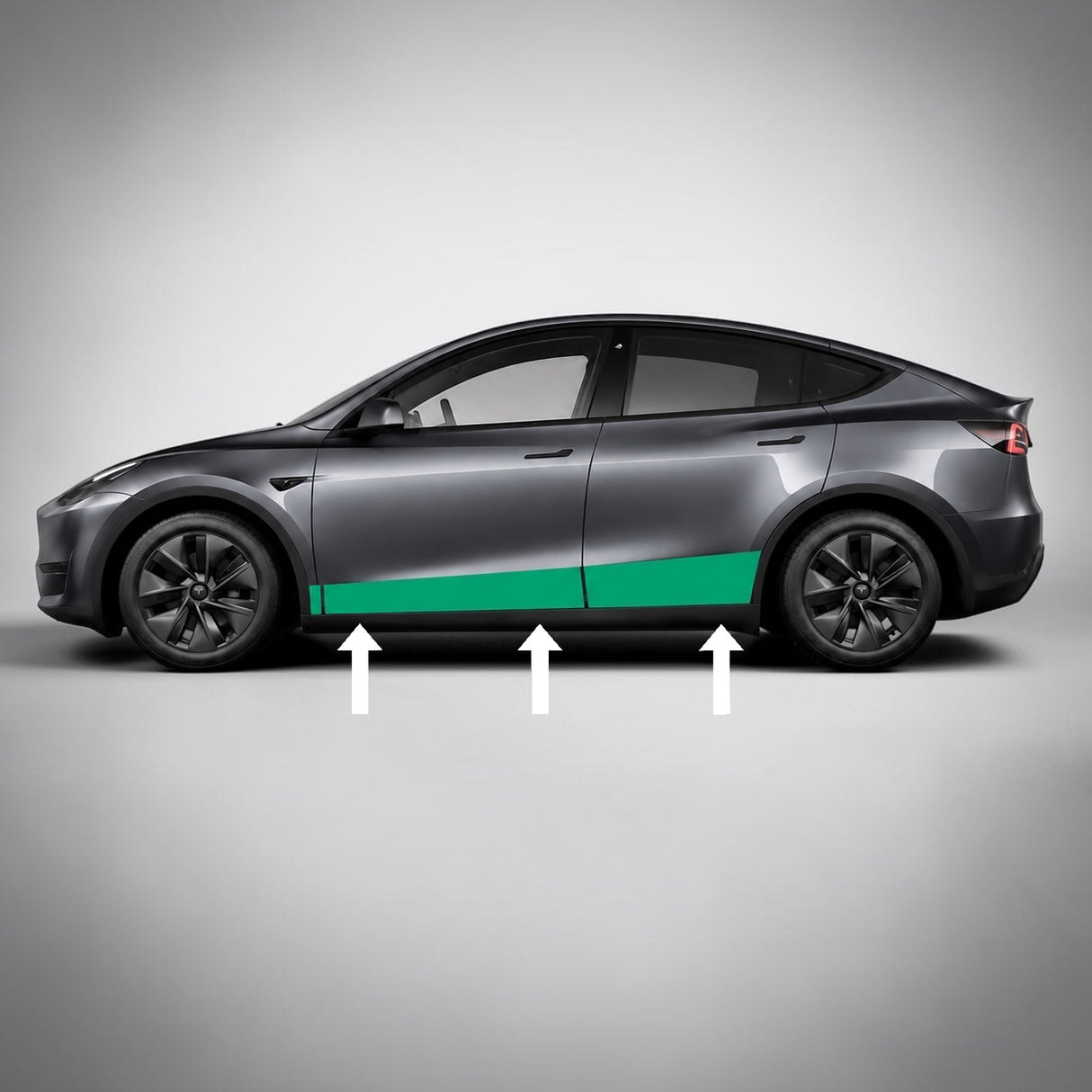 Tesla Model Y med grønt markeret område for beskyttelsesfolie langs nederste karrosseri