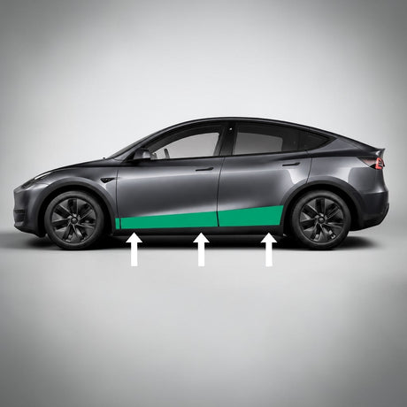 Tesla Model Y med grønt markeret område for beskyttelsesfolie langs nederste karrosseri