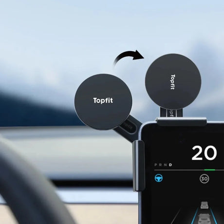 sort telefonholder med magsafe, monteret på skærmen i en Tesla