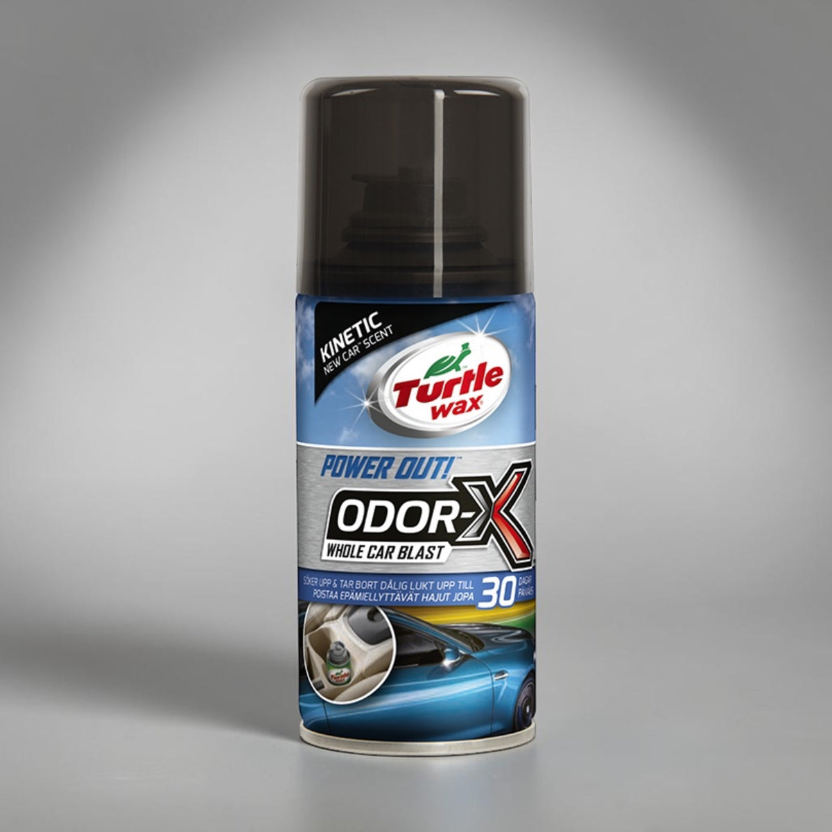 Turtle Wax Odor-X Whole Car Blast spraydåse, produktbillede på grå baggrund