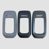 Tre midterkonsol covers til VW ID.4 i grå alcantara-look, mat sort og carbon-look på lys baggrund