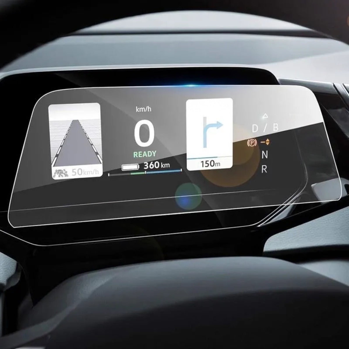 Skærmbeskyttelse i hærdet glas monteret på 5,3" instrumentdisplay i Volkswagen ID Buzz
