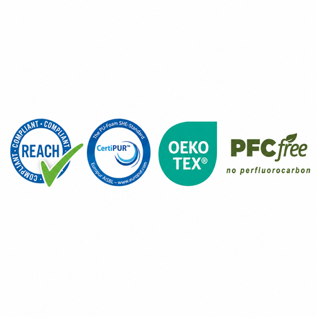 Certificeringslogoer: REACH, CertiPUR, OEKO-TEX og PFC-fri