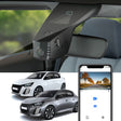 FitCamX Dashcam monteret i Peugeot e-208, vist med app-forbindelse og to bilmodeller.