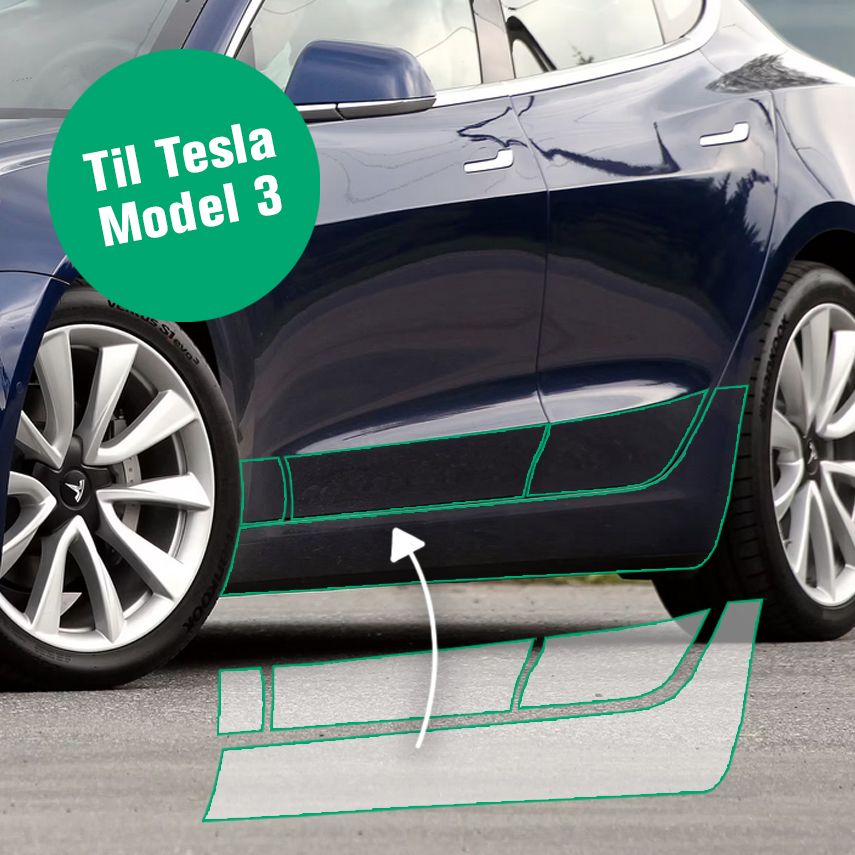 Mørkeblå Tesla Model 3 set fra siden med grønne markeringer af stenslagsfoliens områder langs de nederste døre og tærskler, med badge 'Til Tesla Model 3'