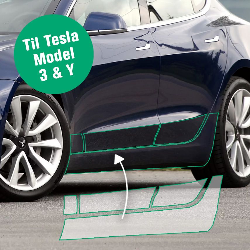 Mørkeblå Tesla set fra siden med grønne markeringer af stenslagsfoliens områder langs de nederste døre og tærskler, med badge 'Til Tesla Model 3 & Y'