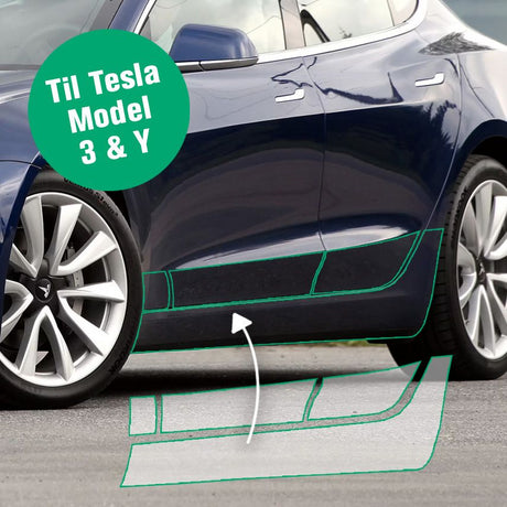Mørkeblå Tesla set fra siden med grønne markeringer af stenslagsfoliens områder langs de nederste døre og tærskler, med badge 'Til Tesla Model 3 & Y'