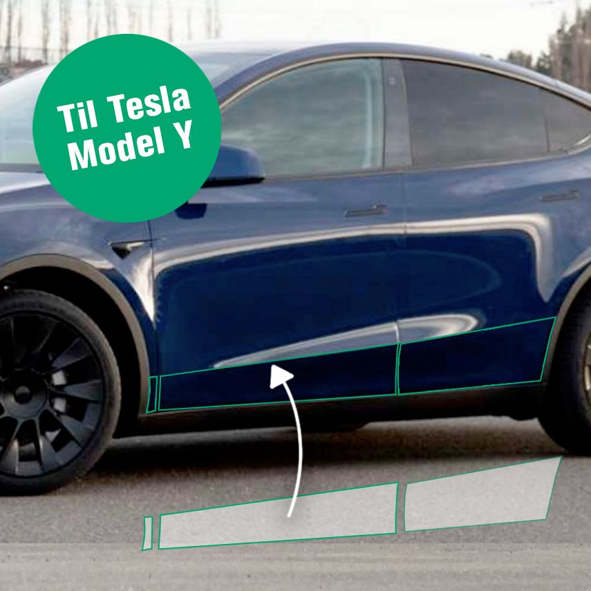 Blå Tesla Model Y set fra siden med grønne markeringer af stenslagsfoliens områder langs de nederste døre og tærskler, med badge 'Til Tesla Model Y'