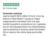 Kundeanmeldelse med fem stjerner for Greencargear, om måtter til Tesla Model Y