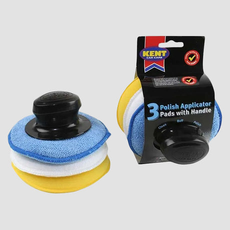Kent CarCare polerrondeller i blå, hvid og gul med håndtag og emballage på hvid baggrund