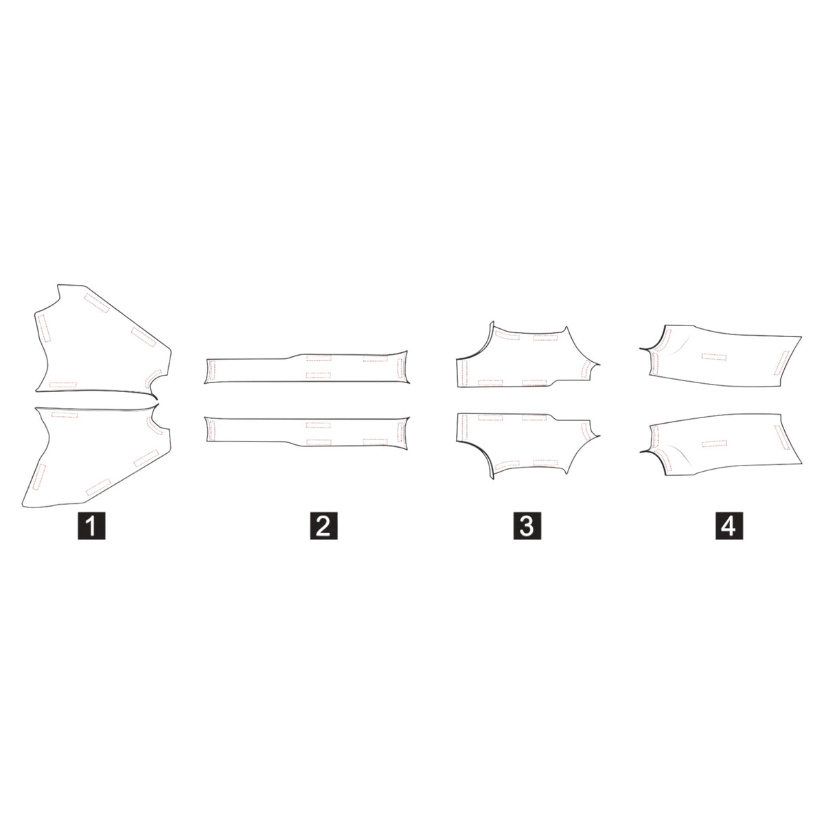 Diagram der viser monteringsvejledning for de fire beskyttelseslister nummereret 1 til 4
