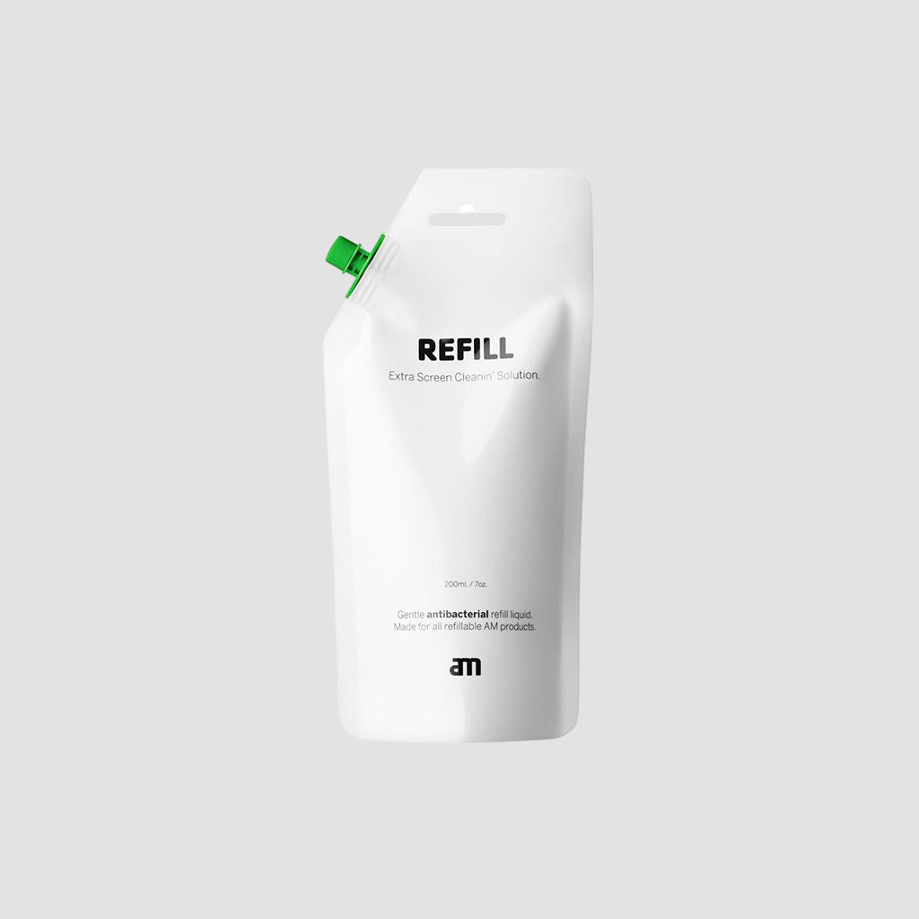 Hvid refill-pose med grøn hætte til AM rensevæske, 200 ml