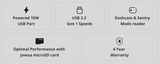 Oversigt over funktioner for Jowua microSD-kort med 10W USB-port, USB 3.2 Gen 1, læser til DashCam og Sentry Mode samt 4 års garanti