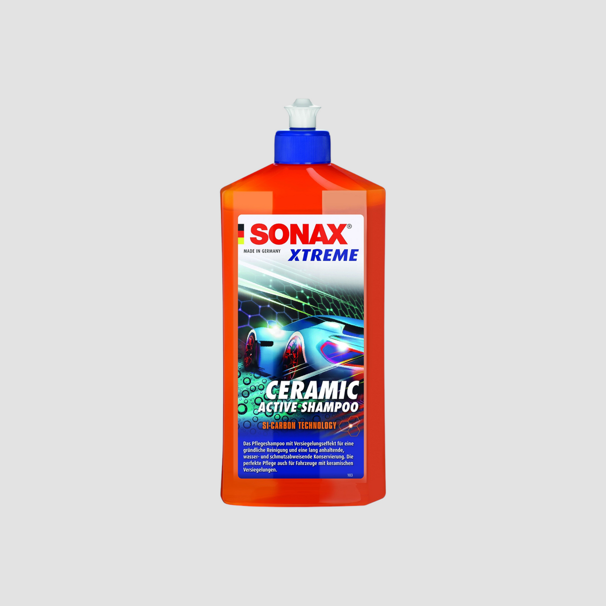 Orange flaske SONAX Xtreme Ceramic Active Shampoo 500 ml med blåt låg