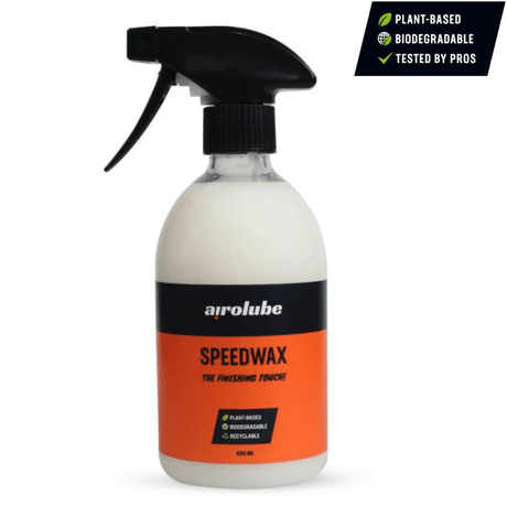 Airolube SpeedWax flaske med mærker: plantebaseret, biologisk nedbrydelig og testet af professionelle